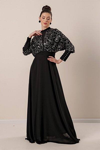 By Saygı Bat Sleeves Sequin Gilded Lined Chiffon Hijab Dress
