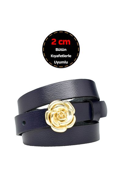 GoDeri Curea subțire pentru femei, albastru marin de 2 cm, cu cataramă de culoare aurie - 100% piele naturală, pentru rochie și pantaloni
