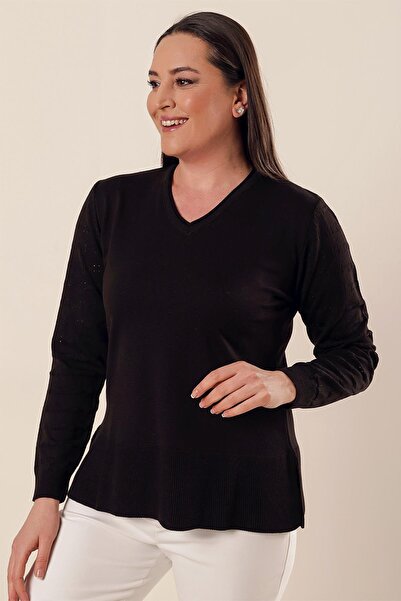 By Saygı Plus Size Acrylic Sweater with V-Neck Sleeves Model Side Slits
