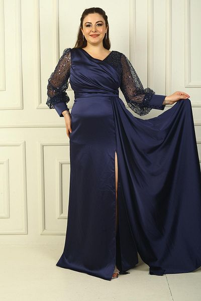 By Saygı Rochie de seara lunga din satin brodata cu margele mari - captusita piept si guler