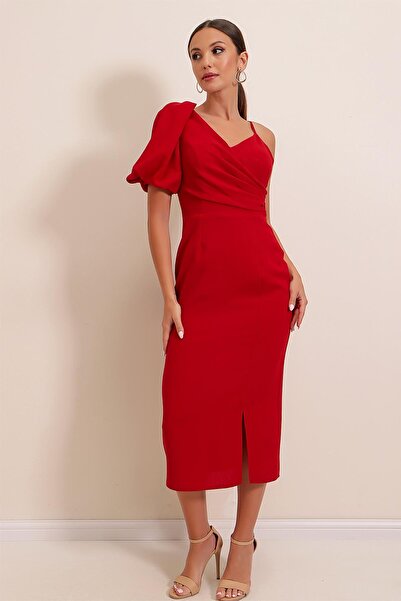 By Saygı Single Sleeve Draped Lined Crepe Midi Dress