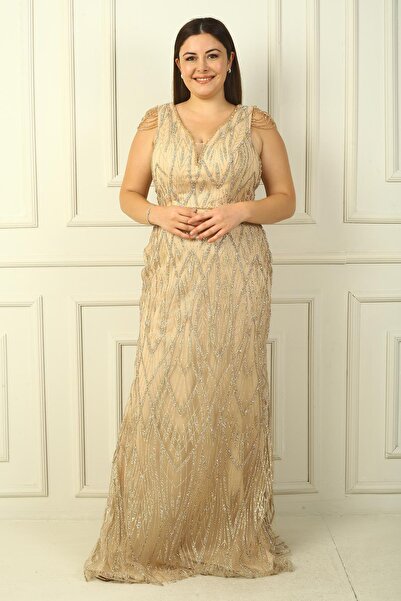 By Saygı Φόρεμα ώμου με φούντα Plus Size - Λεπτομέρεια με χάντρες και πέτρα