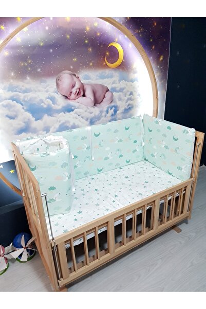 Baby Clime 70x130 Bebek Beşik Korumalık 4 Parça - Yeşil Zemin Ay Yıldız Desen...