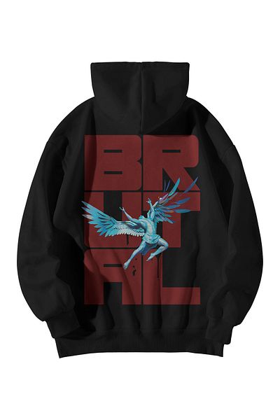 Scrovtie Black Oversize Hoodie and Kangaroo Pocket Sweatshirt - Brutal Falling Angel Printed Hoodie