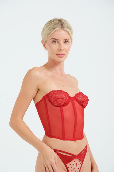 C&City 6003 Model Red Transparent Fancy Lace Strapless Bustier
