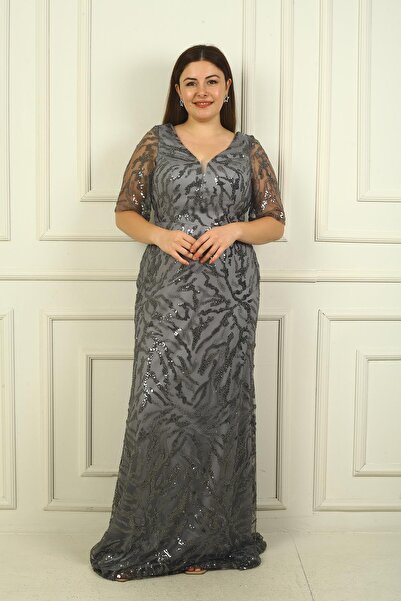By Saygı V-neck Bead-pool Embroidered Plus Size Women's Dress - Lined