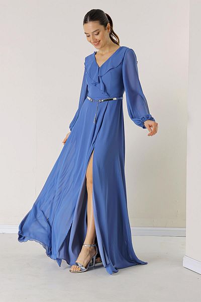 By Saygı Langes Chiffonkleid mit Volant vorne, Ballonärmeln und Gürtel