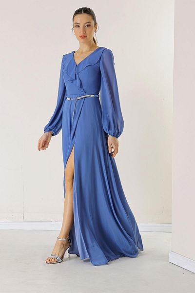 By Saygı Langes Chiffonkleid mit Volant vorne, Ballonärmeln und Gürtel