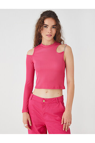 Koton One Shoulder T-Shirt Crop Long Sleeve Window Detailed