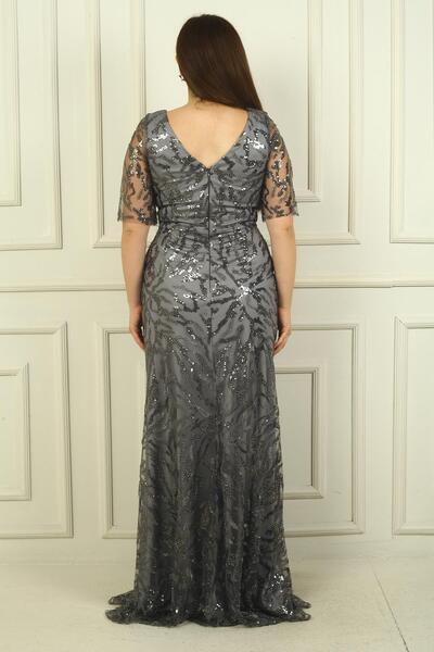 By Saygı V-neck Bead-pool Embroidered Plus Size Women's Dress - Lined