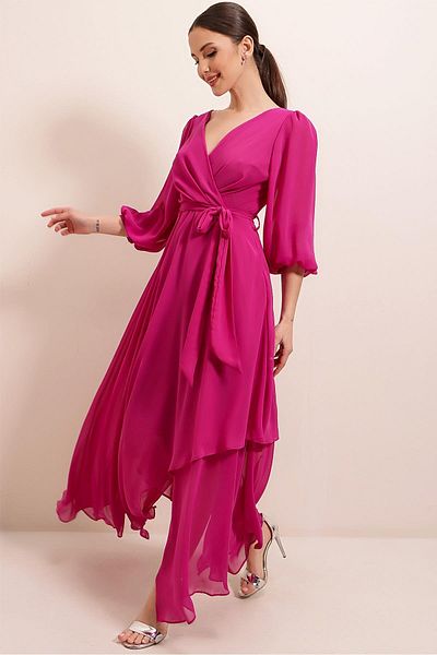 By Saygı Double Breasted Balloon Sleeve Long Chiffon Dress
