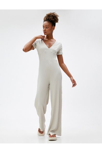 Koton Wide Leg Jumpsuit V-Neck Short Sleeve Wrap