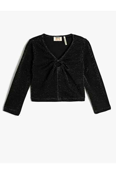 Koton Crop Bluz Uzun Kollu Önü Büzgülü Parıltılı V Yaka Dar Kalıp