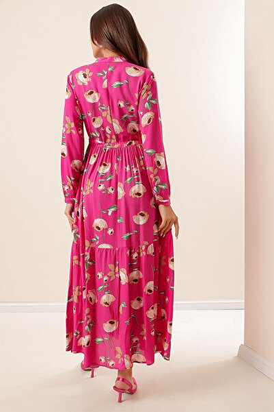 By Saygı Rose Print Long Viscose Hijab Dress with Button Front Lace up Waist