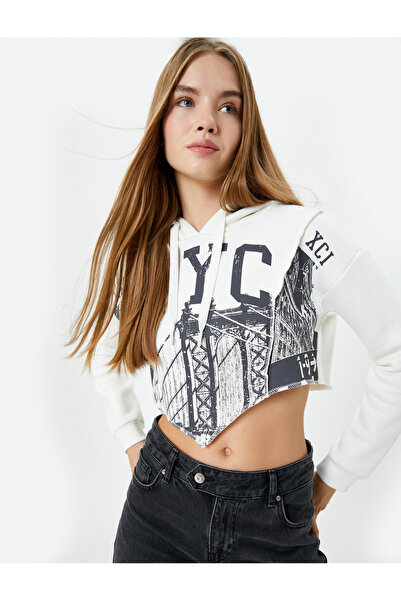 Koton Crop Hooded Sweatshirt Asymmetric Cut NYC Printed