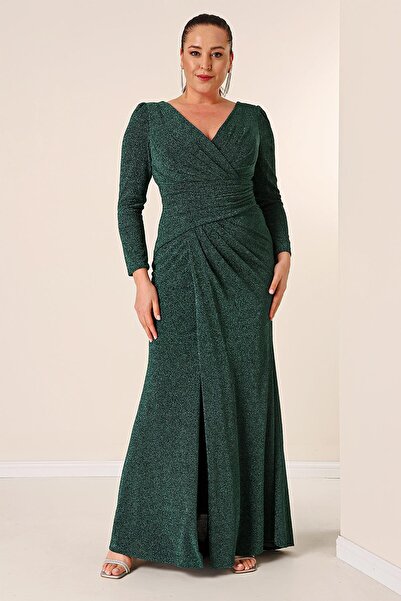 By Saygı Kétsoros nyakú elülső, függesztett, hosszú ujjú, bélelt, kötött anyagból, Glitter plusz méretű hosszú ruha