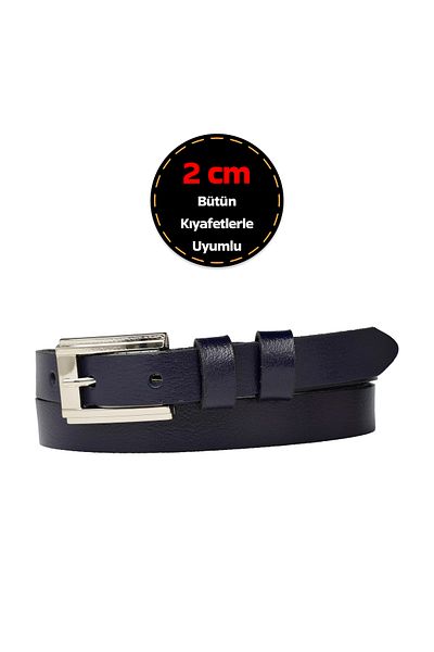 GoDeri Navy Blue Thin 2 cm Women's Belt - 100% Genuine Leather, Silver Buckle; Dress & Pants Belt_Dbyük