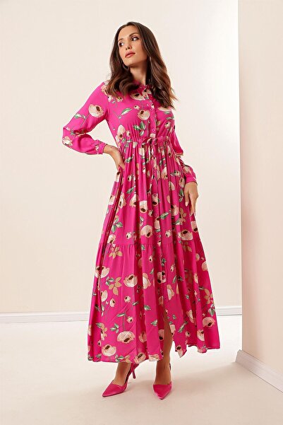 By Saygı Rose Print Long Viscose Hijab Dress with Button Front Lace up Waist