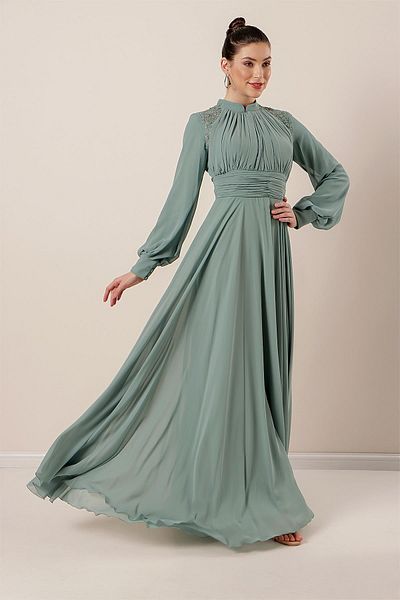 By Saygı Stone Embroidered Pleated Long Chiffon Dress