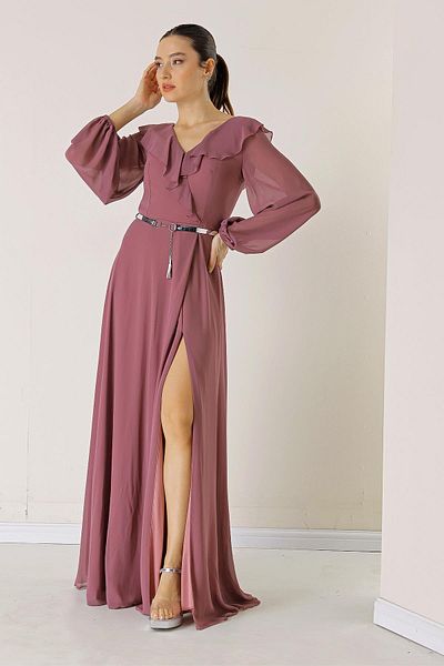 By Saygı Rochie lungă din șifon cu curea cu mânecă cu balon în față