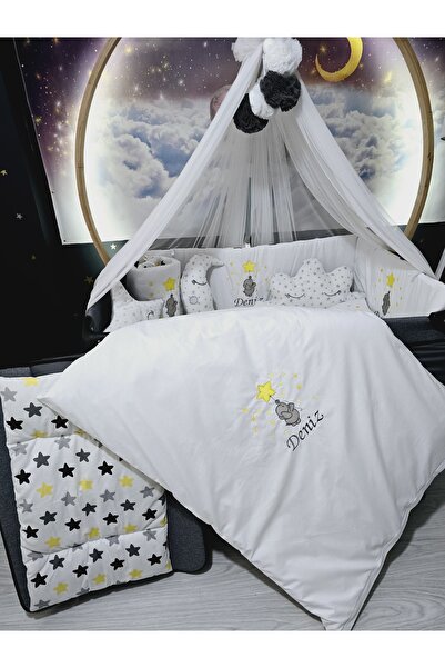 bebek_iklimi 70X120 Name Embroidered Baby Sleeping Set - Luxury Mosquito Net and Apparatus Included - Elephant Star Motif