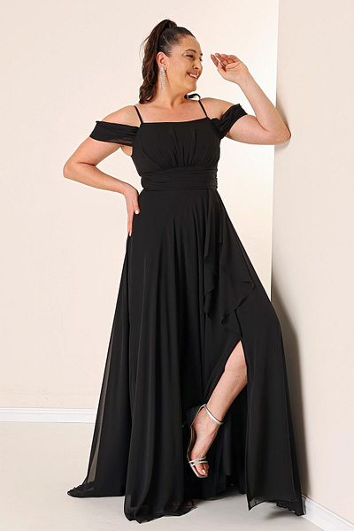 By Saygı Rope Strap Front Ruffle Low Sleeve Lined Plus Size Chiffon Dress