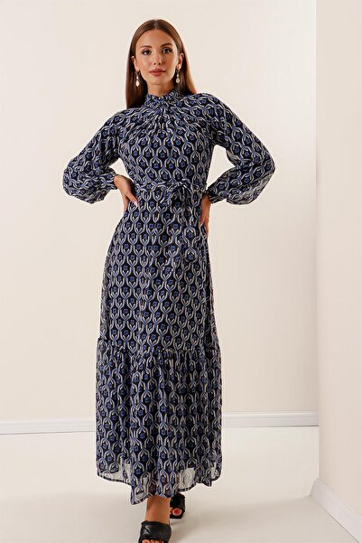 By Saygı Geometric Pattern Long Chiffon Dress with Pleated Waist Belt Lining on Top