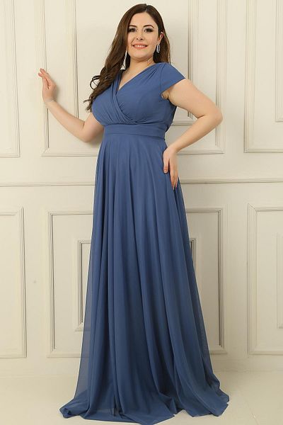 By Saygı Double Breasted Collar Lined Nail Sleeve Full Circle Flared Chiffon Tulle Plus Size Long Dress