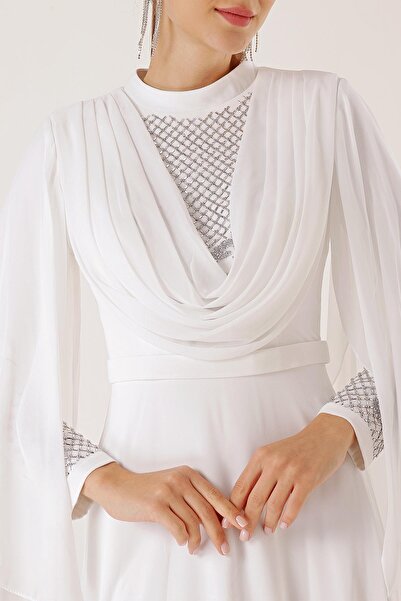 By Saygı Long Chiffon Dress with Bead Detail on Sleeves and Front, Belted Waist, Lined and Wide Size Spacing