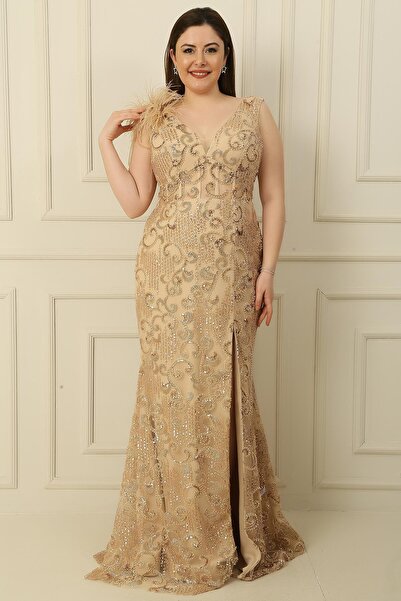 By Saygı One-Shoulder Feather Bead-Sequin Embroidered Lined Plus Size Fish Dress