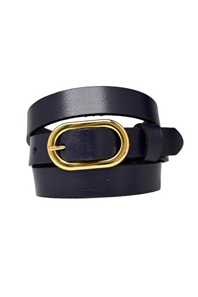 GoDeri %100 Hakiki Deri, Gold Renk Tokalı İnce 2 cm Lacivert Kadın Kemeri; Elbise, Pantolon Kemeri_2OVAL