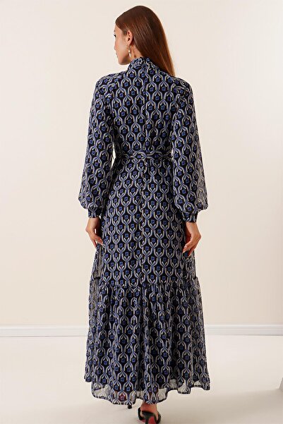 By Saygı Geometric Pattern Long Chiffon Dress with Pleated Waist Belt Lining on Top