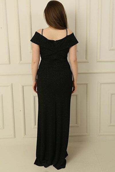 By Saygı Jewelled Rope Strap Front Slit Stone Detailed Lined Large Size Glitter Long Dress