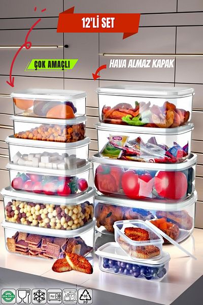 Open Home Concept Set of 12 Rectangular Storage Container Set White