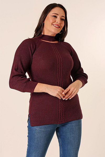 By Saygı Low-cut Neck Braided Pattern Plus Size Sports Tunic Sweater
