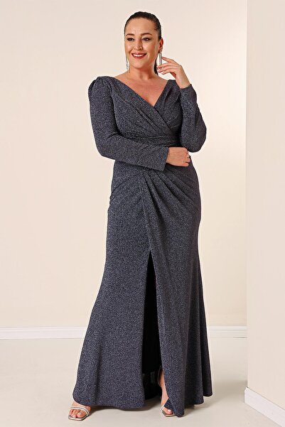 By Saygı Φόρεμα με διπλό στήθος μπροστινό ντραπέ με μακρυμάνικο πλεκτό ύφασμα Glitter Plus Size Μακρύ Φόρεμα