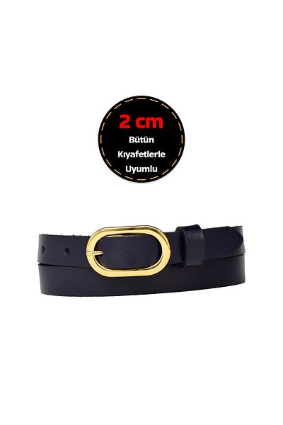 GoDeri Curea de damă bleumarin - 100% piele naturală, cataramă fină de 2 cm, culoare aurie; pentru rochie și pantaloni_2OVAL