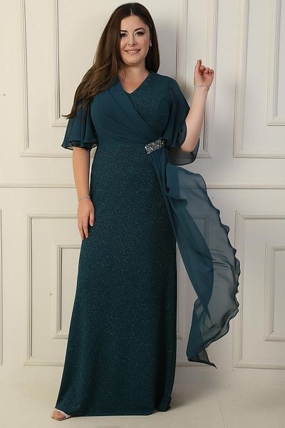 By Saygı Plus Size Chiffon Glitter Long Dress with Sleeves and Jewelled Accessories