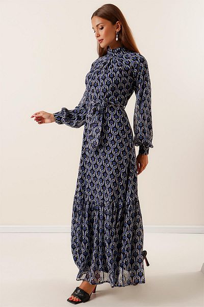 By Saygı Geometric Pattern Long Chiffon Dress with Pleated Waist Belt Lining on Top