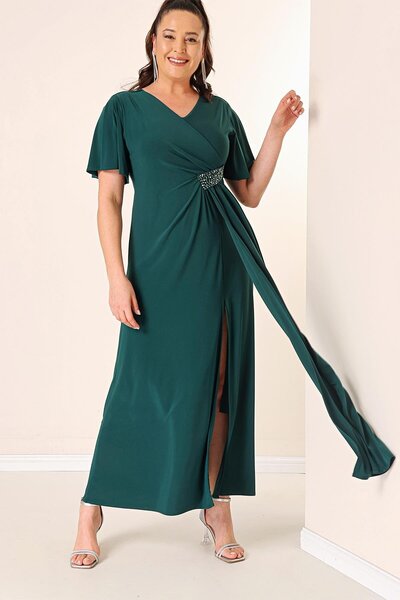 By Saygı Plus Size Long Sandy Dress with V-neck Waist Jewelled Lining and Slit on the Front