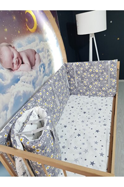 Baby Clime 70x130 Beşik Kenar Korumalık 4 Parça - Gri Çiçek Yıldız Desen (ÇAR...