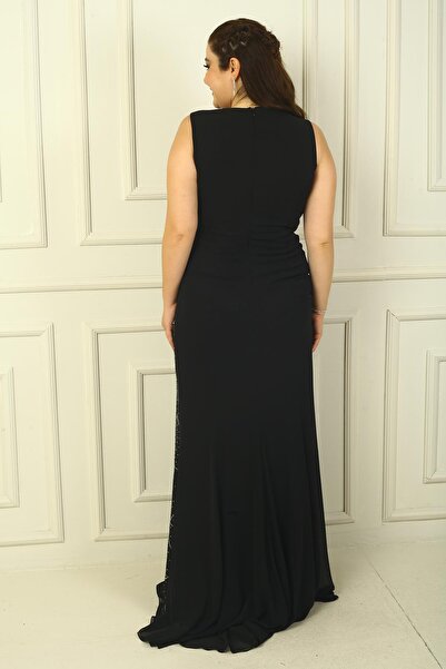 By Saygı Plus Size Jewelled Double Breasted Collar Long Chiffon Dress