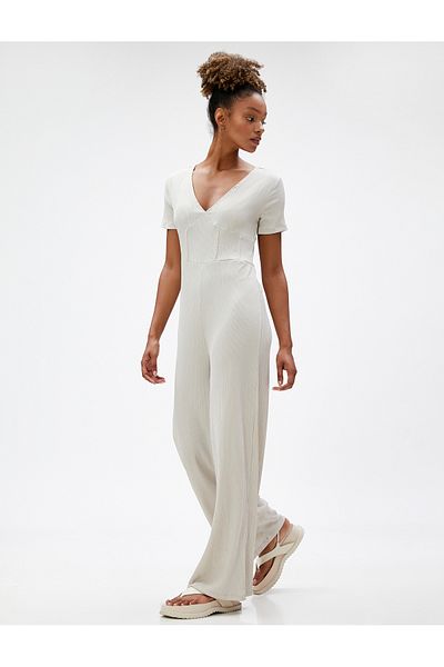 Koton Wide Leg Jumpsuit V-Neck Short Sleeve Wrap