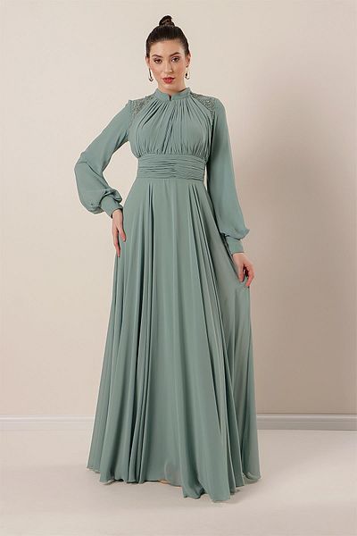 By Saygı Stone Embroidered Pleated Long Chiffon Dress