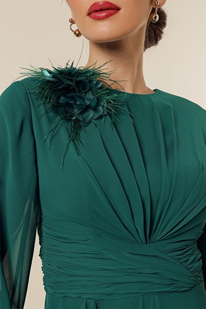 By Saygı Long Chiffon Dress with Flower Detail Front Pleated Side Flounces Lining