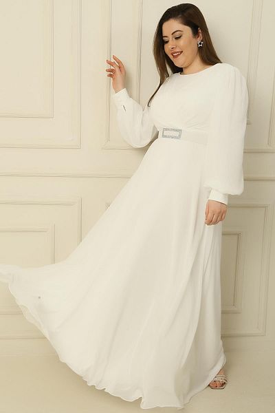 By Saygı Double Breasted Collar Waist Belt Lined Plus Size Long Hijab Dress