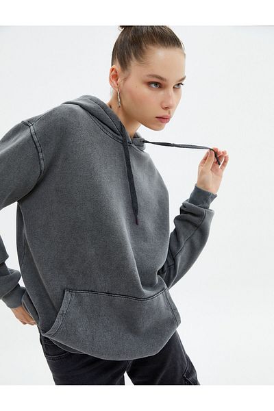 Koton Hooded Sweatshirt Raised Faded Effect Relaxed Cut Kangaroo Pocket