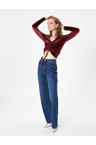 Koton Crop Velvet T-Shirt μακρυμάνικο V-λαιμόκοψη