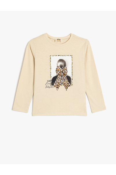 Koton Βαμβακερό μακρυμάνικο μπλουζάκι με λαιμόκοψη - με λεπτομέρεια εκτύπωσης