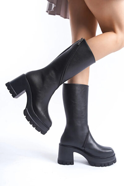 Shoesers Női középsarkú platformcsatos részletes cipzáras bőrcsizma